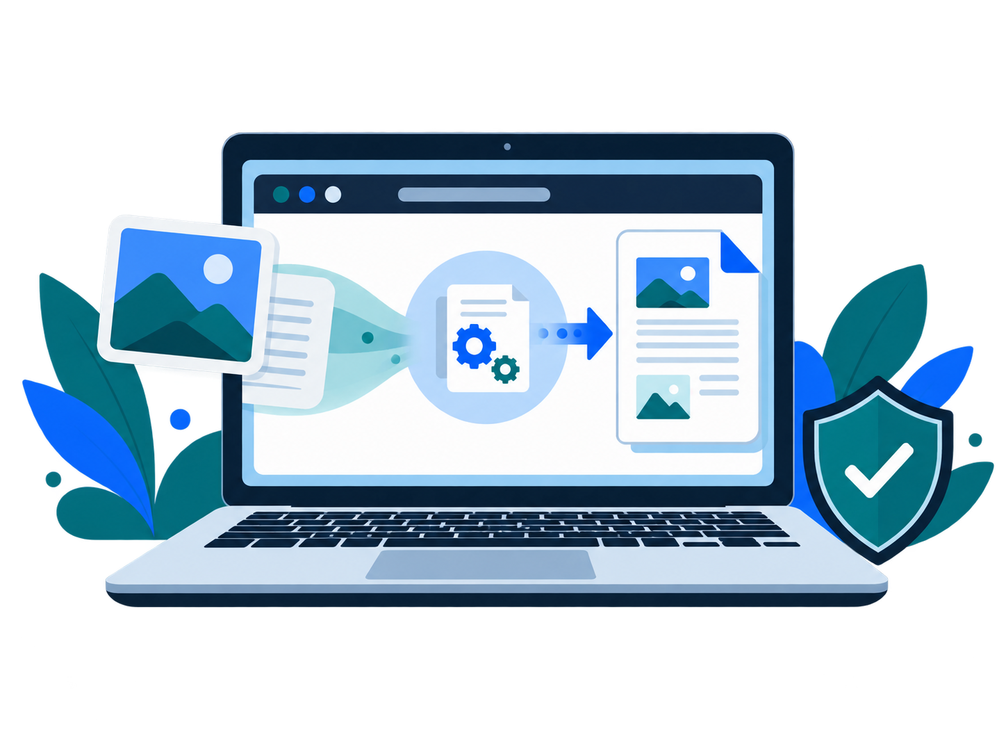 Ilustrasi gambar diproses menjadi PDF secara lokal di browser